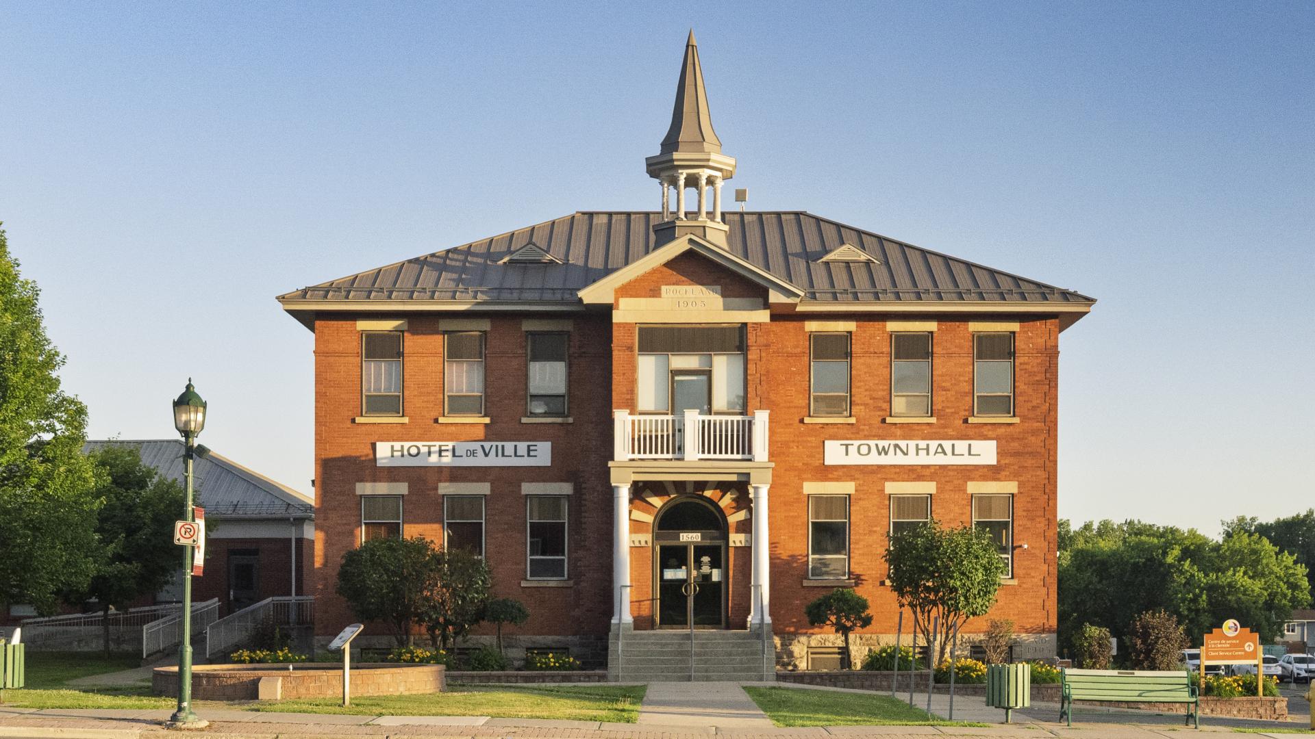 street view of city hall at sunrise