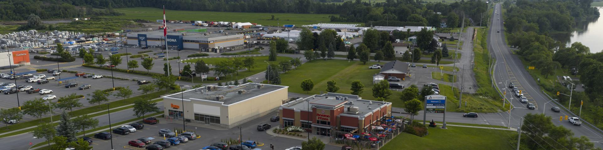drone view of businesses along County Road 17 with the Ottawa River on the right