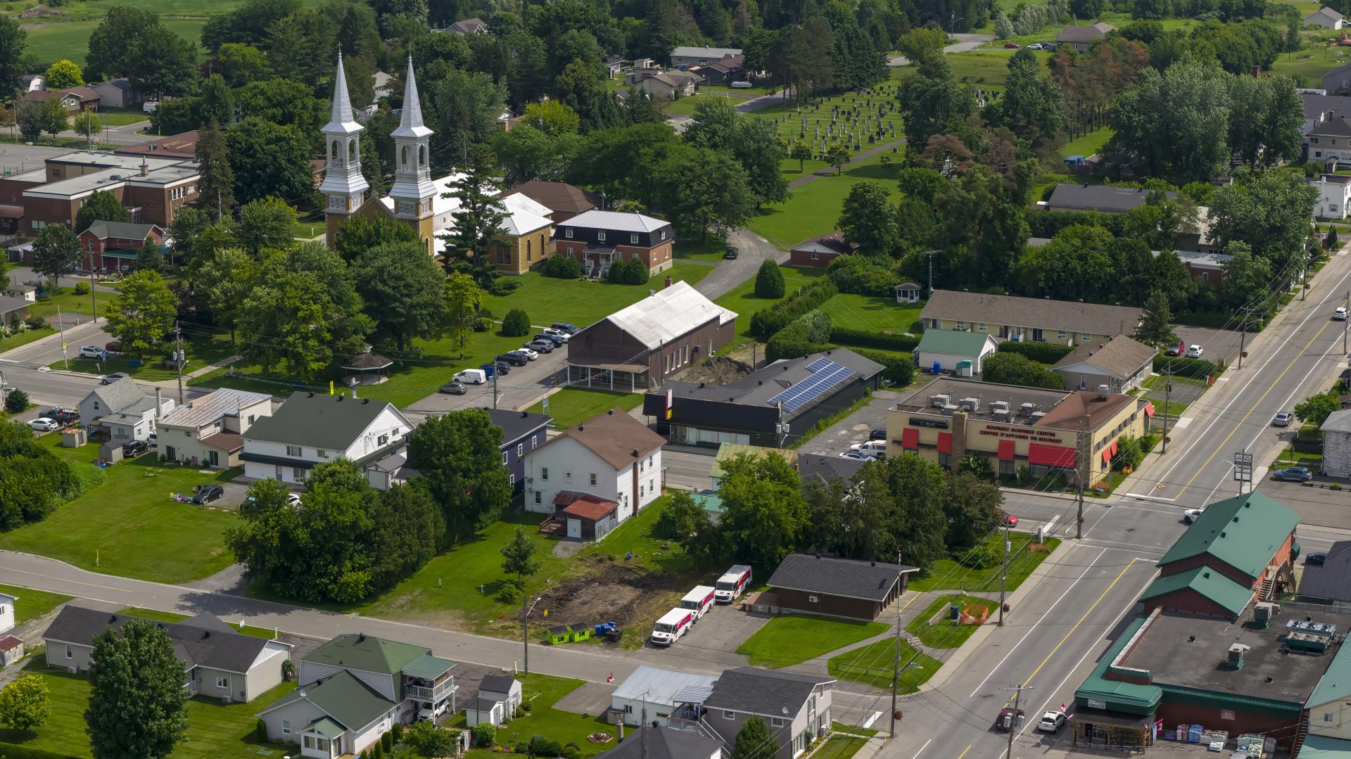 Drone view of Bourget showing church and village